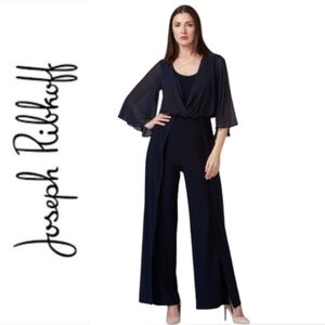 SZ14 Joseph Ribkoff Jumpsuit Navy Blue Palazzo Pant Trumpet Sleeves